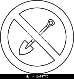 Forbidden sign with shovel linear icon. Thin line illustration. No digging prohibition. Stop contour symbol. Vector isolated outline drawing Stock Vector