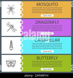 Insects web banner templates set. Dragonfly, mosquito, caterpillar, butterfly. Website menu items. Vector headers design concepts Stock Vector