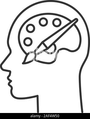Human head with palette and brush linear icon. Creative mind. Thin line illustration. Artist. Contour symbol. Vector isolated outline drawing Stock Vector