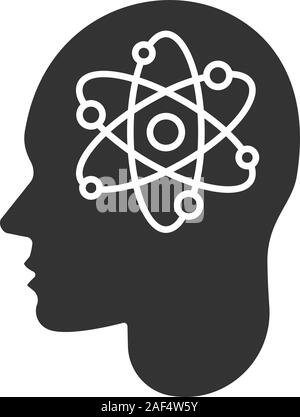 Human head with atom inside glyph icon. Scientific thoughts. Silhouette symbol. Scientist. Negative space. Vector isolated illustration Stock Vector