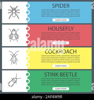 Insects web banner templates set. Spider, cockroach, housefly, stink bug. Website menu items. Vector headers design concepts Stock Vector