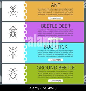 Insects web banner templates set. Ant, stag bug, phasmid, ground beetle. Website menu items. Vector headers design concepts Stock Vector