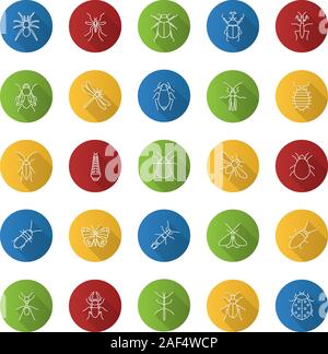 Insects flat linear long shadow icons set. Bugs. Entomologist collection. Butterfly, earwig, stag bug, phasmid, moth, ant, mantis, spider. Vector outl Stock Vector
