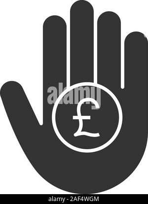 Hand holding British pound glyph icon. Silhouette symbol. Great Britain currency. Negative space. Vector isolated illustration Stock Vector