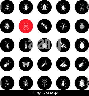 Insects glyph icons set. Bugs. Entomologist collection. Butterfly, earwig, stag bug, phasmid, moth, ant, mantis, spider. Vector white silhouettes illu Stock Vector