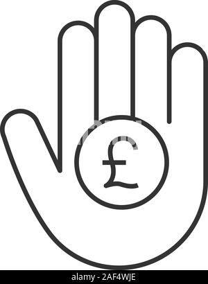 Hand holding British pound linear icon. Thin line illustration. Great Britain currency. Contour symbol. Vector isolated outline drawing Stock Vector