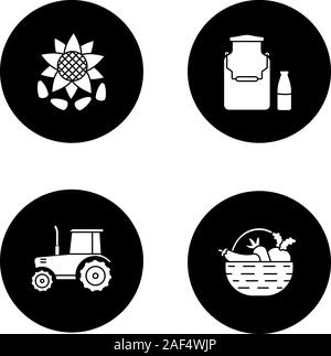 Agriculture glyph icons set. Farming. Milk can and bottle, tractor, sunflower head with seeds, vegetables in basket.  Vector white silhouettes illustr Stock Vector