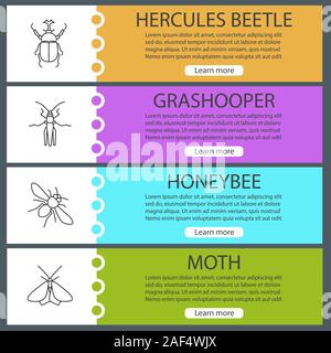 Insects web banner templates set. Hercules beetle, grasshopper, honeybee, moth. Website menu items. Vector headers design concepts Stock Vector
