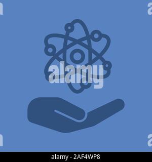 Open hand with atom glyph color icon. Atomic energy using. Silhouette symbol. Safe nuclear power. Negative space. Vector isolated illustration Stock Vector