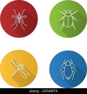 Insects flat linear long shadow icons set. Mosquito, chafer, dragonfly, aphid. Vector outline illustration Stock Vector