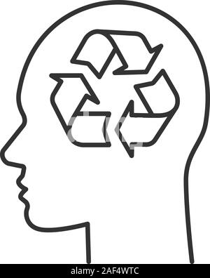 Human head with recycling sign inside linear icon. Pollution prevention ideas. Thin line illustration. Waste recycling thoughts. Contour symbol. Vecto Stock Vector