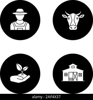 Agriculture glyph icons set. Farmer, cow head, sprout in hand, barn building. Vector white silhouettes illustrations in black circles Stock Vector