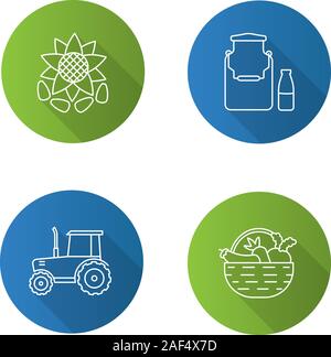 Agriculture flat linear long shadow icons set. Farming. Milk can and bottle, tractor, sunflower head with seeds, vegetables in basket. Vector outline Stock Vector
