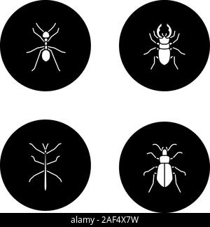 Insects glyph icons set. Ant, stag beetle, ground bug, phasmid. Vector white silhouettes illustrations in black circles Stock Vector