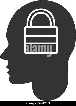 Human head with closed padlock inside glyph icon. Silhouette symbol. Artificial intelligence. Negative space. Vector isolated illustration Stock Vector