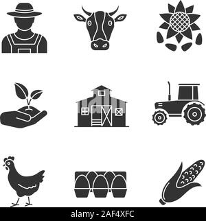 Agriculture glyph icons set. Farming silhouette symbols. Farmer, cow head, sunflower with seeds, sprout in hand, barn, tractor, chicken, eggs tray, co Stock Vector