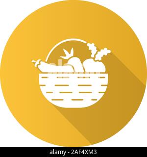 Basket with vegetables flat design long shadow glyph icon. Autumn harvest. Carrot, eggplant, beetroot. Vector silhouette illustration Stock Vector