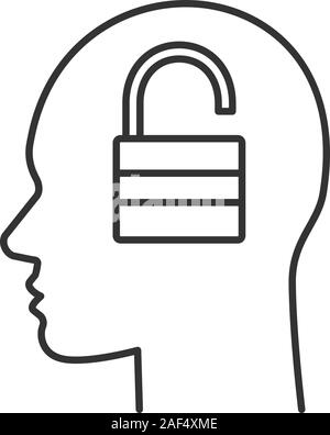 Human head with open lock inside linear icon. Password. Thin line illustration. Artificial intelligence. Contour symbol. Vector isolated outline drawi Stock Vector