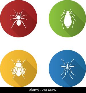Insects flat design long shadow glyph icons set. Spider, aphid, housefly, mosquito. Vector silhouette illustration Stock Vector