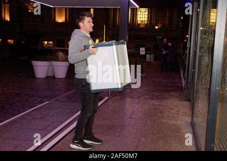 London, UK. 12th Dec, 2019. General Election 2019. Ballot boxes from Vincent Square B and Methodist Central Hall arrive for counting at QE II Centre for Cities of London & Westminster and Westminster North constituencies. Credit: Peter Hogan/Alamy Live News Stock Photo