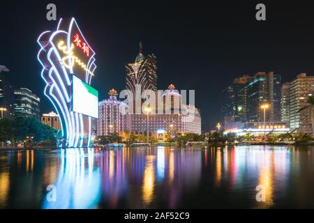 Macau, China - October 14, 2017: Night view of Macau (Macao). The Grand Lisboa is the tallest building in Macau (Macao) and the most distinctive part Stock Photo