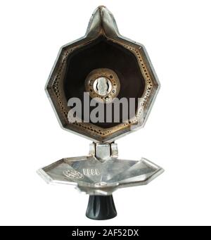 A stove top coffee maker full of coffee, shot overhead, isolated on a white background. Stock Photo