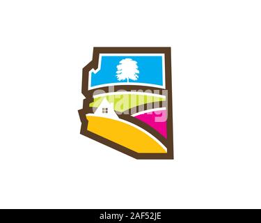 arizona map with valley hill tree house landscape real estate logo Stock Vector