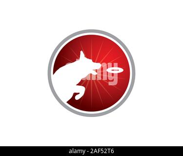 Dog training center logo. Dog silhouette jumping and almost catching an object on a round background in red Stock Vector