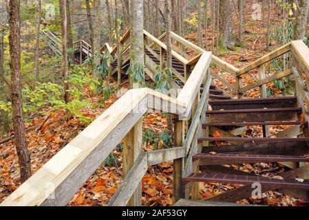 Tallulah Gorge state park in Tallulah Falls Georgia provides a series of wooden elevated walkways for hikers to enjoy all the scenic views. Stock Photo