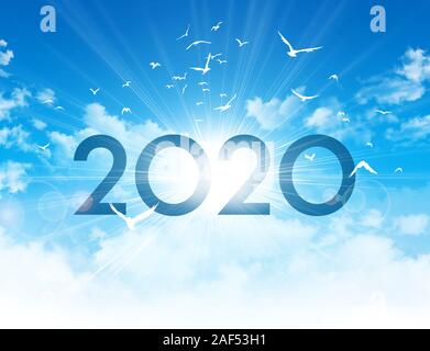 New Year 2020 date number, high in blue sky with the sunrise and birds flight Stock Photo