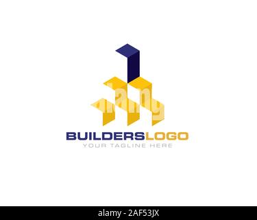 3D abstract blocks cube as building structure architecture skyscraper highrise logo template Stock Vector