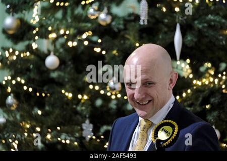 Kelso, Scotland. 12 Dec, 2019. UK Elections: Count, Berwickshire, Roxburgh And Selkirk Constituency - Kelso, UK **** Calum Kerr, Scottish National Party (SNP) hopes for an early Christmas present but indication s are it will be a close result *** Candidates in the Berwickshire, Roxburgh And Selkirk Constituency Ian Davidson, Scottish Labour Party Calum Kerr, Scottish National Party (SNP) John Lamont, Scottish Conservative And Unionist Party Jenny Marr, Scottish Liberal Democrats . Credit: Rob Gray/Alamy Live News Stock Photo