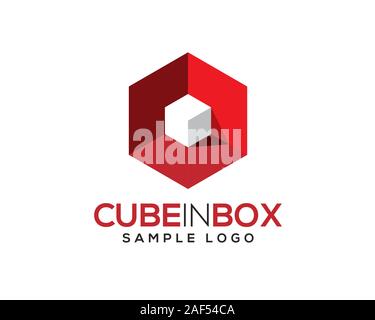 white 3D 3 Dimensional cube inside red hexagon box with light and shadow Stock Vector