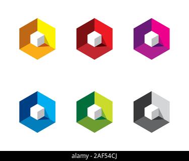 white 3D 3 Dimensional cube inside colorful hexagon box with light and shadow Stock Vector