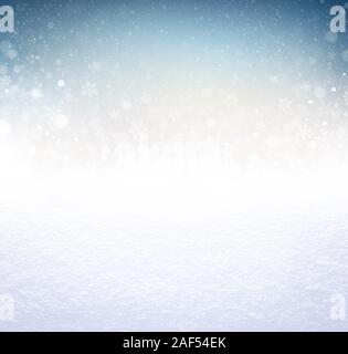 Snowflakes and snowfall on a cold blue winter background and a powder snow ground Stock Photo