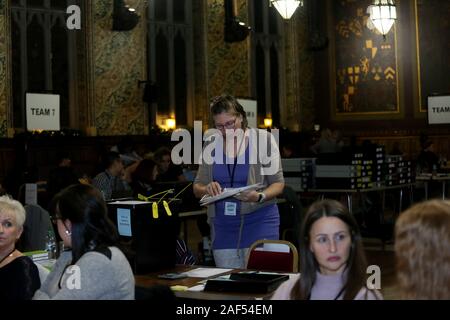 Rochdale, UK. 12th December, 2019. Counting begins of votes in the General Election with 78,909 people registered to vote in this constituency. There were a 131 polling stations across the constituency while 13,579 postal votes have been issued. Town Hall, Rochdale, Lancashire, UK. Credit: Barbara Cook/Alamy Live News Stock Photo
