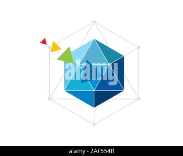 modern style triangular facet blue hexagon with transforming colorful triangle flying to center Stock Vector