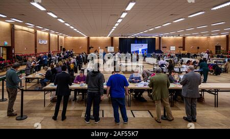 LLANELLI, WALES. 12 Dec 2019. A general view of the counts for Llanelli and East Carmarthenshire & Dinefwr being held at the Selwyn Samuel Social Centre in Llanelli.  Photo copyright Matthew Lofthouse - Freelance Photographer. Stock Photo