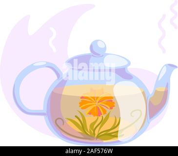 Hot blooming tea in a glass teapot isolated on white background. Front view of japanese flowering tea ceremony. Vector natural illustration. Spa, wellness relaxation concept. Nature healthy symbol. Stock Vector