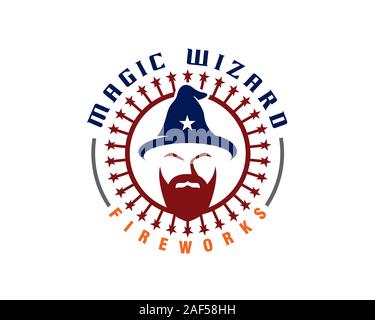 magic wizard head with beard and star hat in fireworks emblem logo with text and full of stick rotation Stock Vector