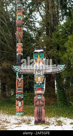 Totem house poles, Stanley Park, Brockton Point, Vancouver,Canada Stock Photo
