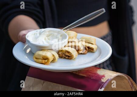 Female hands offering greek chicken wrap to taste on the street. Stock Photo