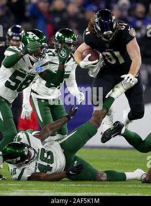 Baltimore Ravens tight end Hayden Hurst (81) runs with the ball