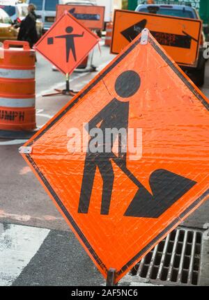 Road constructions signs lining Second Avenue in New York city. Stock Photo