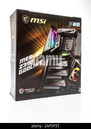 Winneconne, WI - 10 November 2019: A  package of MSI MEG z390 godlike motherboard on an isolated background Stock Photo