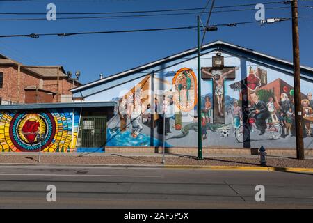 El Paso, Texas.  Church Mural on Father Rahm Avenue. Stock Photo