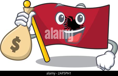 Smiley flag albania Scroll cartoon character with money bag. Vector illustration Stock Vector