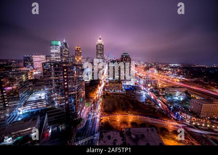 Ultra wide angle long exposure night in downtown Atlanta Stock Photo