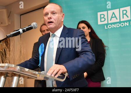 Conservative candidate Mike Freer speaks after winning the Finchley & Golders Green constituency in north London for the 2019 General Election. Stock Photo