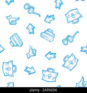 Sketch or doodle styled seamless pattern with business theme, briefcase, thumbs up, glasses and arrows Stock Vector